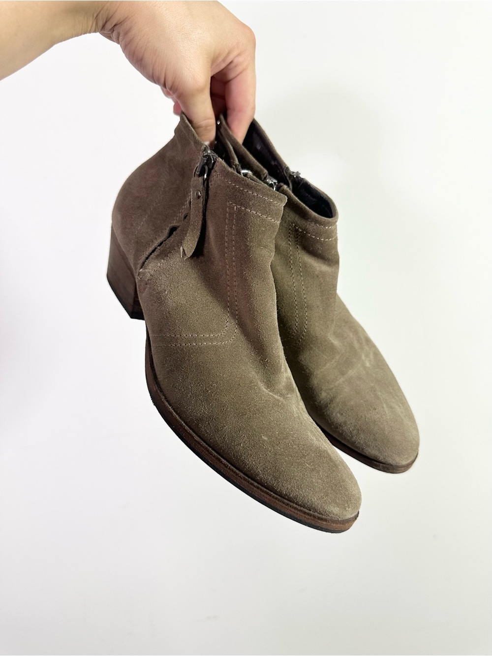 Aquatalia Taupe Short Block Heel Suede Booties Ankle Boots